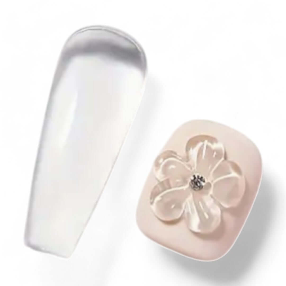 Clear 3D flower nail art design using Free Style 5D Craving Gel, showcasing flexible builder gel for stunning nail art effects.