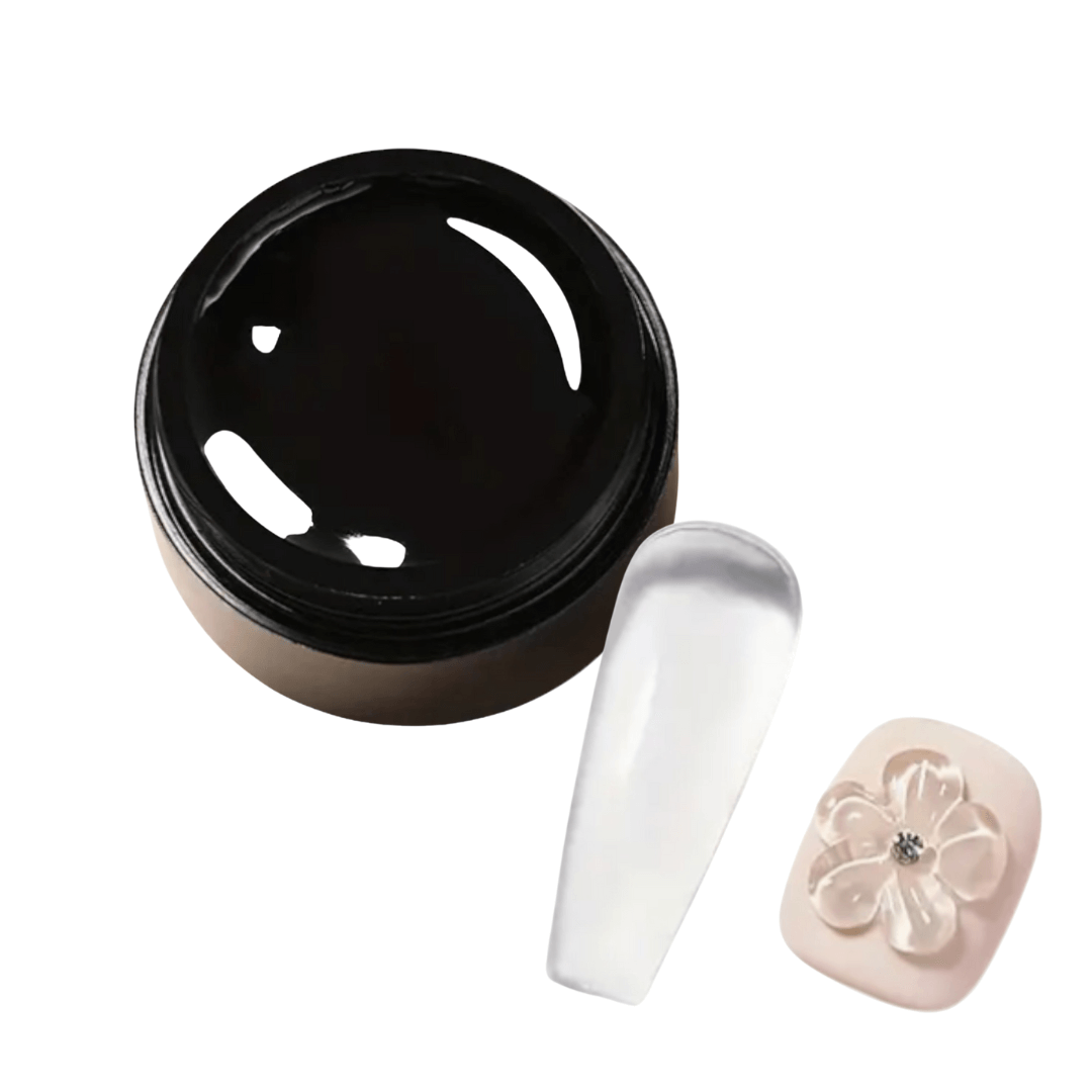 "Free Style 5D Craving Gel Non Wipe 15mL for 3D sculpting, nail art design, and flexible builder gel, shown with nail art sample."